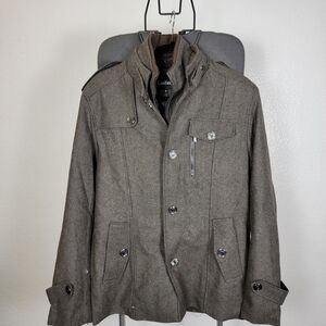 ChouYatou Men's Grey Full Zip Long Sleeve Button Front Pea Coat Jacket Size M